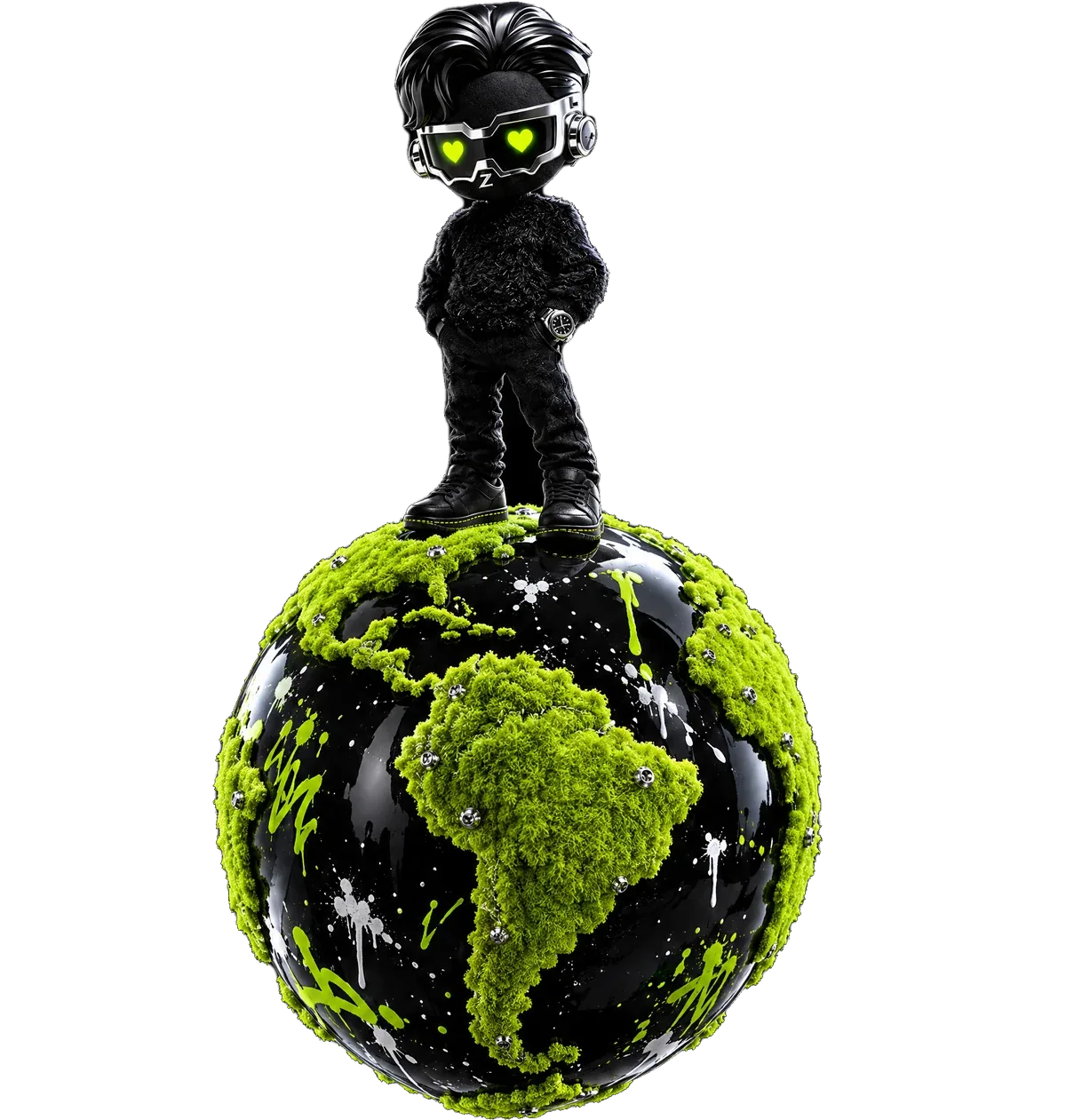 O ZEXO de pé sobre o globo terrestre, com moedas de várias partes do mundo em volta
